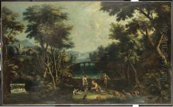 Paesaggio Con Contadini Che Raccolgono Frutta Presso Un Fiume Oil Painting by Domenico Pecchio