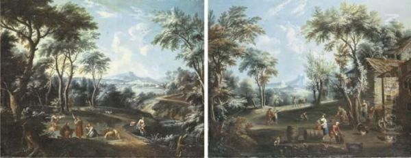 A Landscape With Peasants By A River; And A Landscape With Peasants Treading Grapes by Domenico Pecchio