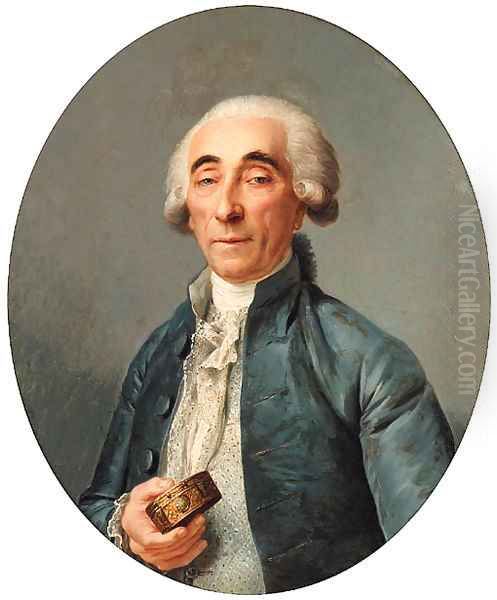 Portrait of Jean-Franois Lagrenee, bust-length, wearing a grey coat and a cravat, holding a snuff box Oil Painting by Joseph Siffrein Duplessis