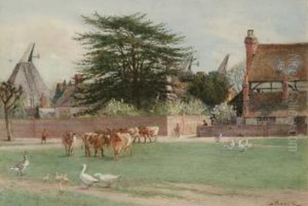 Cattle On A Village Green Oil Painting by John Pedder