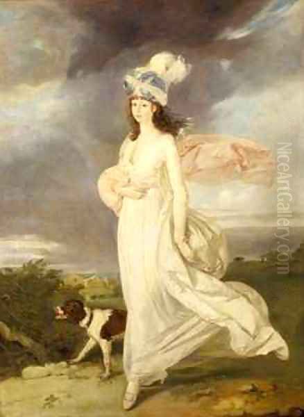 Windswept girl in a turban walking with a dog Oil Painting by Arthur William Devis