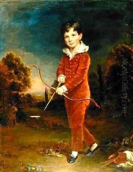 Portrait of a Young Boy in a Red Suit Holding a Bow and Arrow Oil Painting by Arthur William Devis