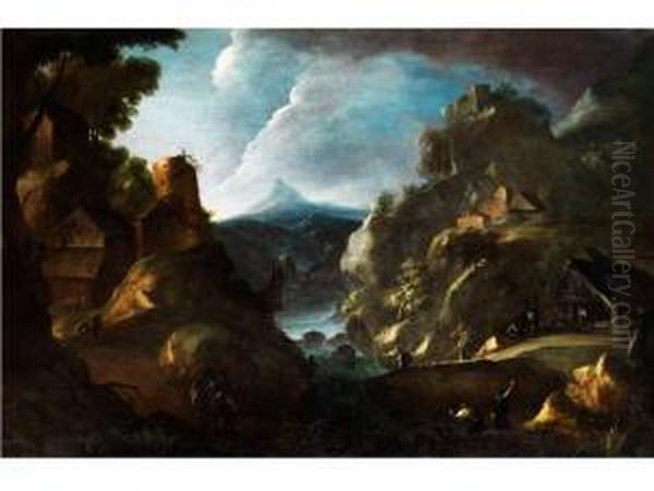 Fantasielandschaft Mit Burgruine, Hausern Und Anglern An Einem
Ins Tal Fuhrenden Fluss Oil Painting by Bartolomeo Pedon