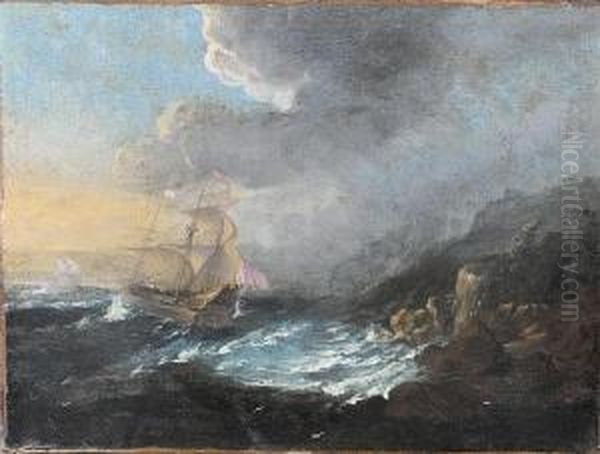 A Dutch Ship In A Breeze Off A Rockycoastline Oil Painting by Bartolomeo Pedon