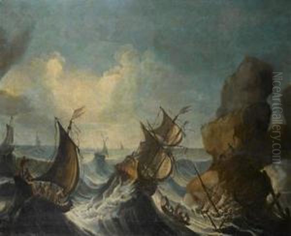 Navires Sur Une Mer Agitee Pres D'un Rocher Oil Painting by Bartolomeo Pedon