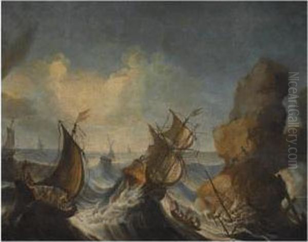 Shipping Off A Rocky Coast In A Gale Oil Painting by Bartolomeo Pedon