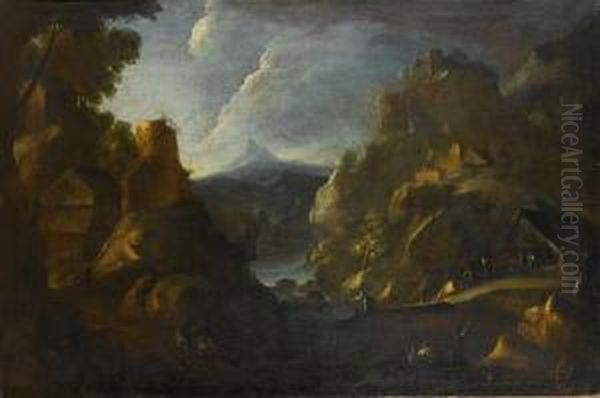 A Rocky River Landscape With Figures Takingshelter Before A Hut Oil Painting by Bartolomeo Pedon