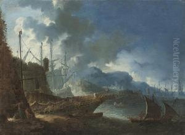 A Rocky Coastal Landscape With A Port And Seamen Cooking Over An Open Fire Oil Painting by Bartolomeo Pedon