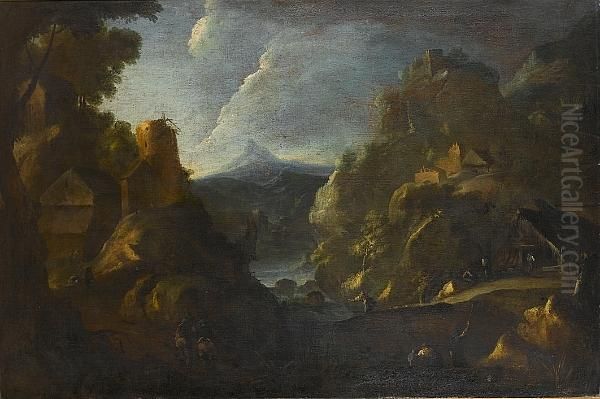 A Rocky River Landscape With Figures Taking Shelter Before A Hut Oil Painting by Bartolomeo Pedon