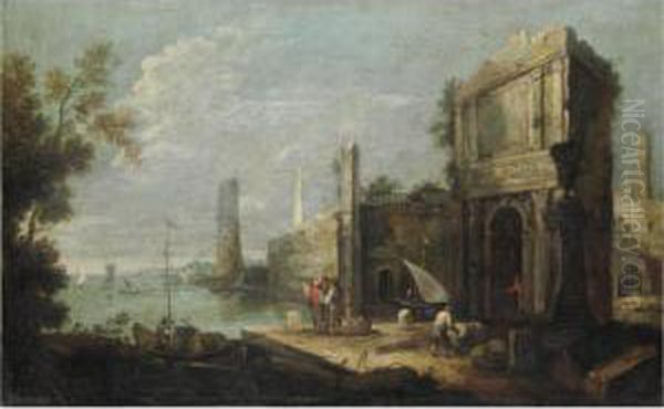 Marina Con Capriccio Architettonico, Figure E Imbarcazioni Oil Painting by Bartolomeo Pedon