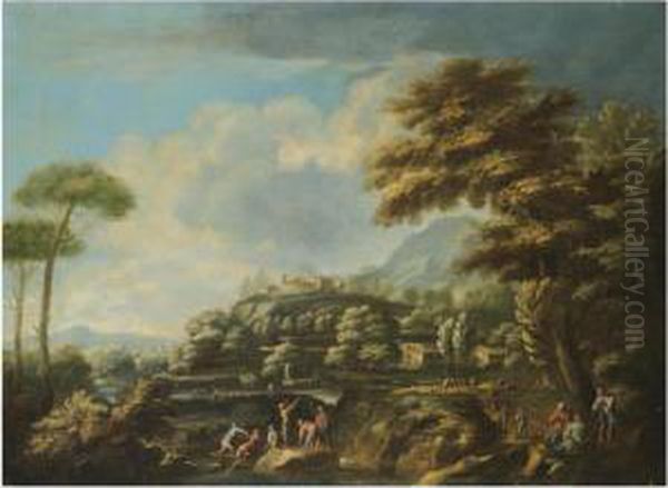 An Extensive River Landscape, 
With Fishermen Drawing Their Nets In The Foreground, A Hilltop Town 
Beyond Oil Painting by Bartolomeo Pedon