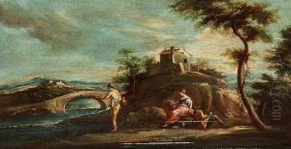 Ascribed To: Figures In A River Landscape Oil Painting by Bartolomeo Pedon