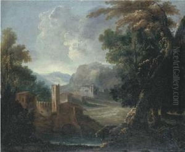 Paesaggio Fluviale Con Borgo Turrito E Casolari; E Paesaggio Fluviale Con Borgo Turrito Oil Painting by Bartolomeo Pedon