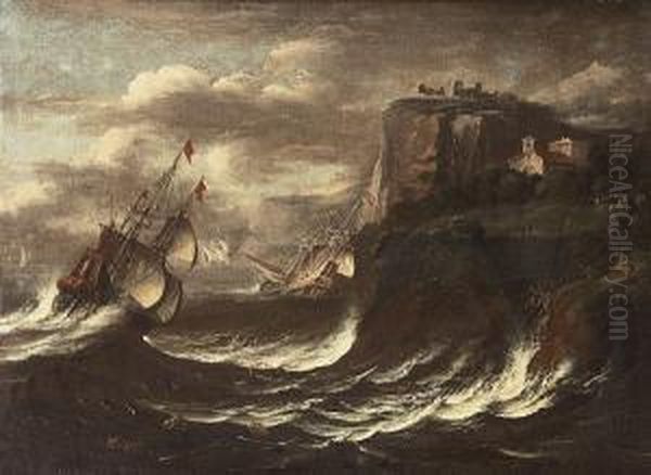 Shipping Foundering In Stormy Seas Off A Rocky Coastline Oil Painting by Bartolomeo Pedon