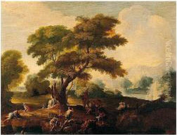 A River Landscape With Figures Fishing And Resting In The Foreground, A Castle Beyond Oil Painting by Bartolomeo Pedon