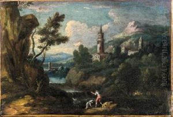 Paesaggio Lacustre Con Due Astanti E Un Borgo Turrito Inlontananza Oil Painting by Bartolomeo Pedon