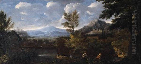 Paesaggio Fluviale Con Un Borgo Classico In Lontananza Oil Painting by Bartolomeo Pedon