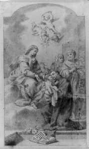 Die Madonna Mit Kind Einem Monch
 Erscheinend. Im Hintergrund Die Hl. Anna Und Der Hl. Joseph, Uber Der 
Szene Engel. Oil Painting by Domenico Pedrini