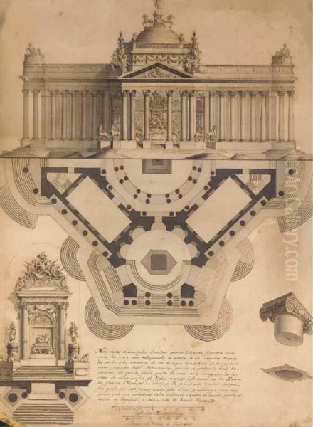 A Design For A Mausoleum: An 
Elevation And A Ground Plan Withsubsidiary Studies Of A Capital And An 
Altar Oil Painting by Domenico Pedrini