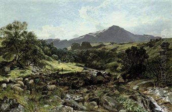 Sheep Grazing Before Snowdon Oil Painting by James Peel