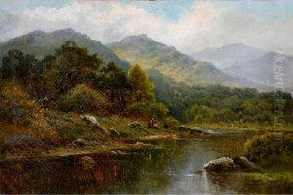 Three Figures Seated On The Bank
 Of A River With A Farm Cottage And A Range Of Hills Beyond Oil Painting by James Peel