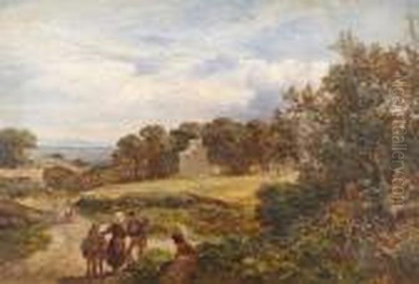 Extensive Landscape With Figures On A Pathwayby A Country House Oil Painting by James Peel