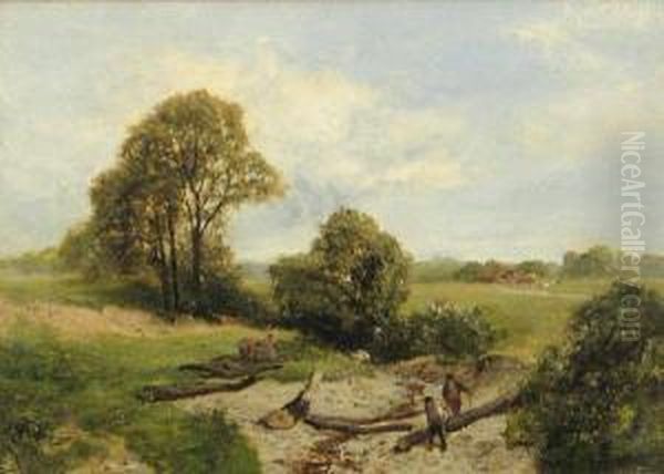 Wood Gatherers In An Extensive Landscape Oil Painting by James Peel