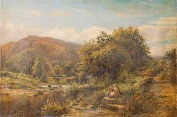 Two Girls Gathering Flowers By A Mountainstream Oil Painting by James Peel