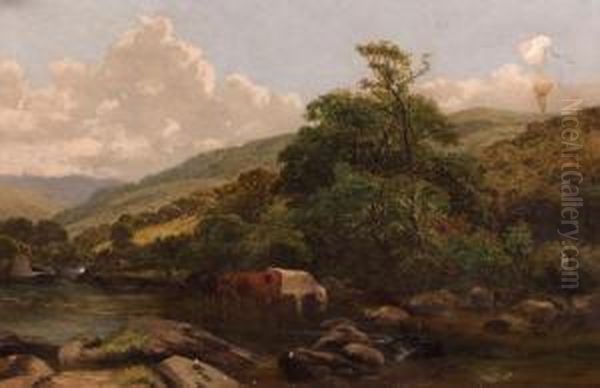 Riverlandscape With Cattle Watering Oil Painting by James Peel