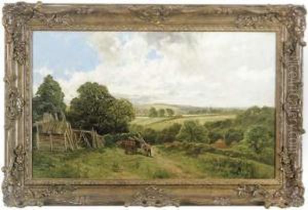 Farmers Unloading Wood Before An Extensive Landscape Oil Painting by James Peel