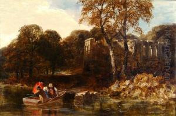 Figures In A Boat Approaching A Ruined Abbey Oil Painting by James Peel