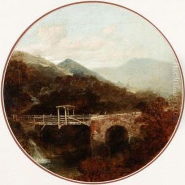 A River Landscape With Figures Crossing A Bridge In North Wales Oil Painting by James Peel