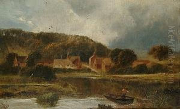 Cattle In A Highland Landscape; And A Figure On A Boat, A Village Beyond Oil Painting by James Peel