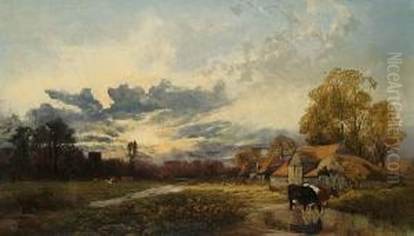 Cattle Watering By A Farm At Sunset Oil Painting by James Peel