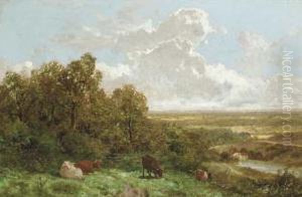 Cattle Grazing In A Landscape Oil Painting by James Peel