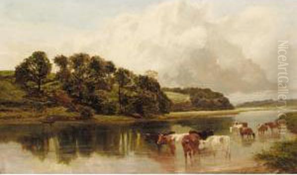 Cattle Watering Oil Painting by James Peel