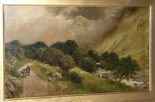 Figure And Donkey On A Mountain Path Oil Painting by James Peel