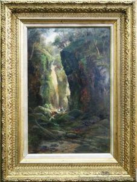 In Gorge Near Waterfall - Water Of Leithdunedin Oil Painting by James Peele