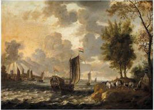 Coastal Landscape With Shipping Oil Painting by Bonaventura Ii Peeters