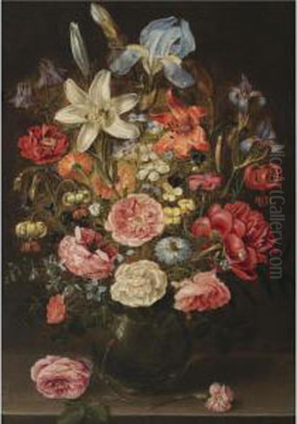 A Still Life Of Lilies, Roses, 
Iris, Pansies, Columbine, Love-in-a-mist, Larkspur And Other Flowers In A
 Glass Vase On A Table Top, Flanked By A Rose And A Carnation Oil Painting by Clara Peeters