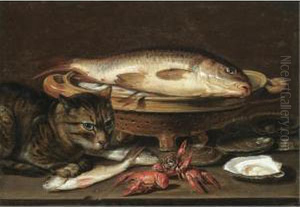 A Still Life With Fish In A 
Ceramic Colander, Oysters, Langoustines, Mackerel And A Cat On The Ledge
 Beneath Oil Painting by Clara Peeters