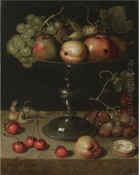 Still Life With Pears, An Apple,
 An Apricot, Almonds And Walnuts On A Tazza With Grapes, A Walnut, An 
Apricot, Cherries And Almonds On A Stone Ledge Oil Painting by Clara Peeters