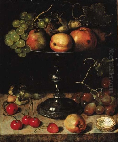 Pears, An Apple, An Apricot, 
Grapes, Almonds And Wallnuts On A Tazza With Grapes, A Wallnut, An 
Abricot, Cherries And Almonds On A Stone Ledge Oil Painting by Clara Peeters