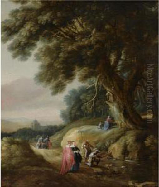 A Wooded Landscape With Elegant 
Travellers And Huntsmen On Apath, With A Woman And A Child Praying At A 
Shrine Oil Painting by Gillis Egidius I Peeters