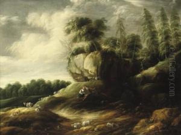 A Wooded Rocky Landscape With A Couple Tending Sheep Oil Painting by Gillis Egidius I Peeters