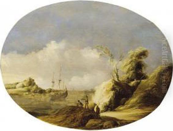 A Coastal Landscape With A Sailing Vessel At Anchor And Figures In The Foreground Oil Painting by Gillis Egidius I Peeters