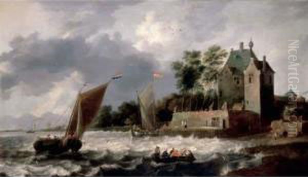 An Estuary Scene, With Rowing Boats And Small Sailing Boats Before A Fortified House Oil Painting by Gillis Egidius I Peeters