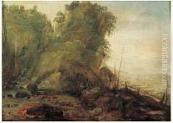 Scene De Riviere Et De Paysage Panoramique Avec Un Ermite Oil Painting by Gillis Egidius I Peeters