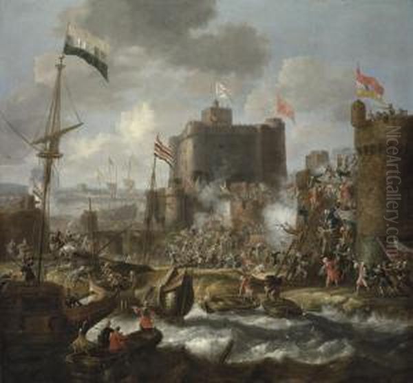 Ottoman Forces Attacking An Islet Fortress Oil Painting by Jan Peeters