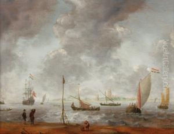 An Estuary Sceneover The Maas 
Near The Dutch Town Of Dordrecht, With Small Dutchvessels, A Man-of-war 
At Anchor, Some Figures On A Beach In Theforeground, Under A Heavily 
Clouded Sky Oil Painting by Jan Peeters